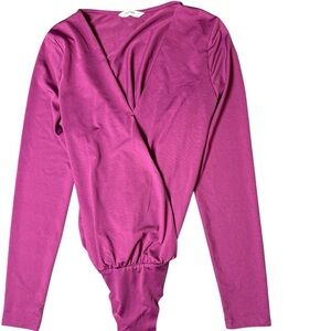 Calliope Fuchsia faux Wrap V-Neck Long Sleeve Bodysuit Size S